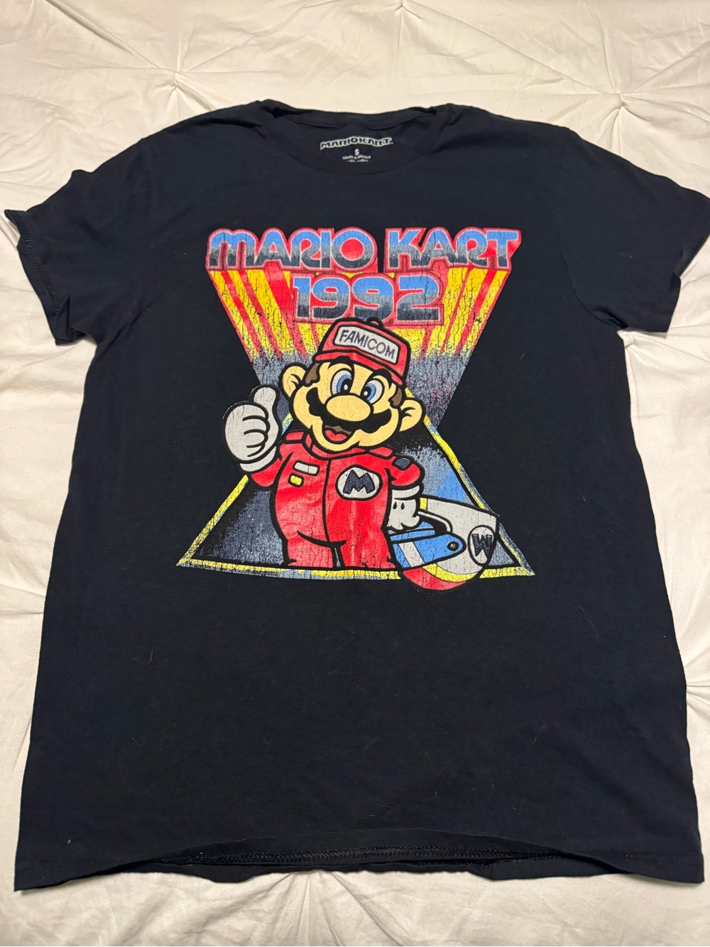 Nintendo Black Mario Kart 1992 Graphic Tee with Red, Yellow & Blue Print Sz s